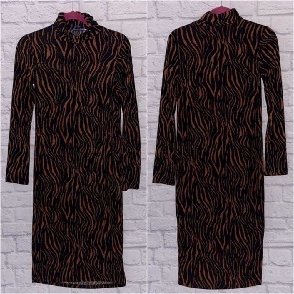 Zara Animal Print Zebra Long Sleeve Ribbed Texture Lightweight Turtle Neck Dress